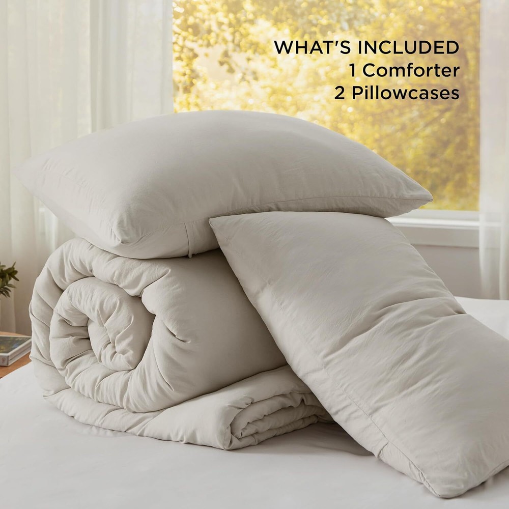 Queen Size Comforter Set, Beige Soft Pre-Washed Bedding Comforter Set, 3 Piece
