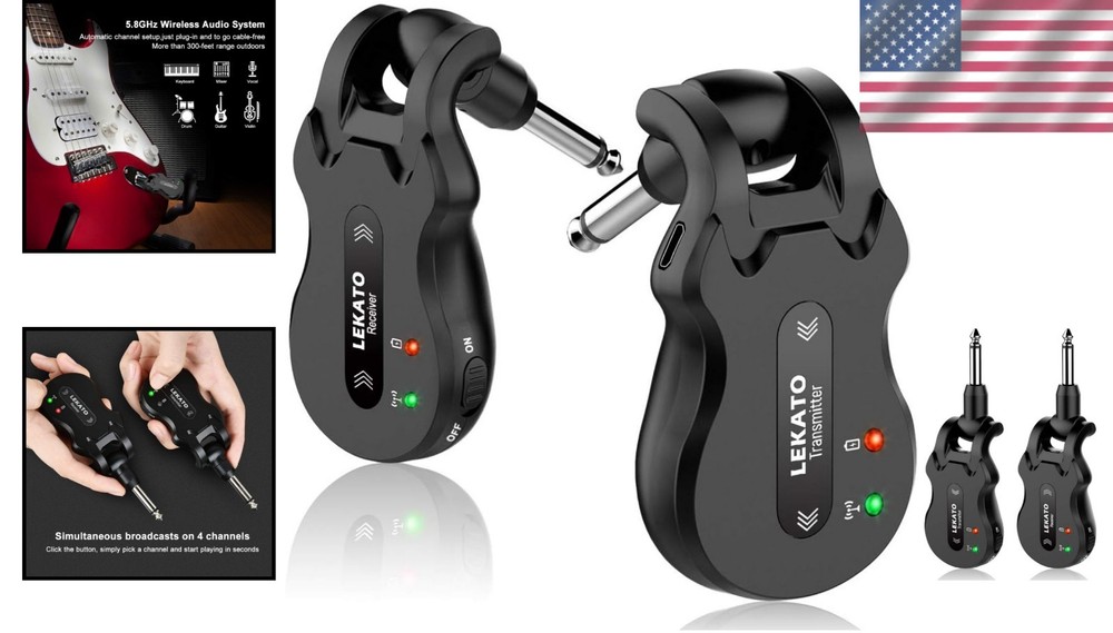 Rechargeable Wireless Guitar Transmitter & Receiver - 4 Channels, 100ft Range