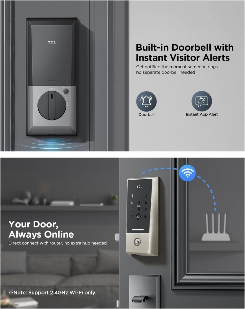 (Built-In WiFi) TCL D2 Smart Lock Keyless Entry Deadbolt, App Control, Passcodes