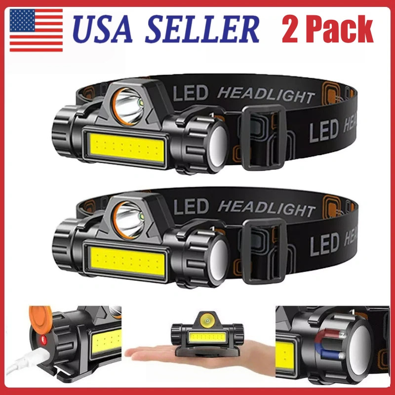 2 Pack LED Headlamp USB Rechargeable Waterproof Headlight Head Light Flashlight