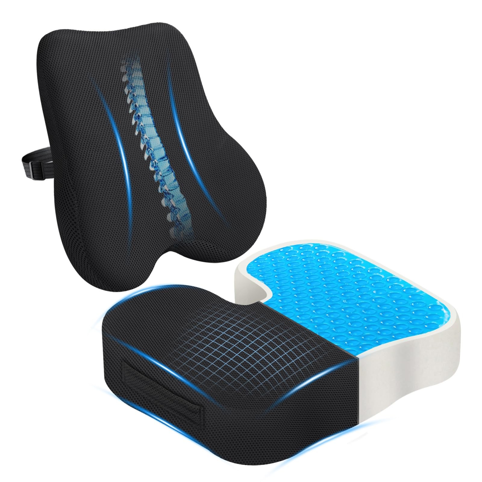 Gel Seat Cushion & Lumbar Support Pillow Set, Cooling Memory Foam for Tailbon...