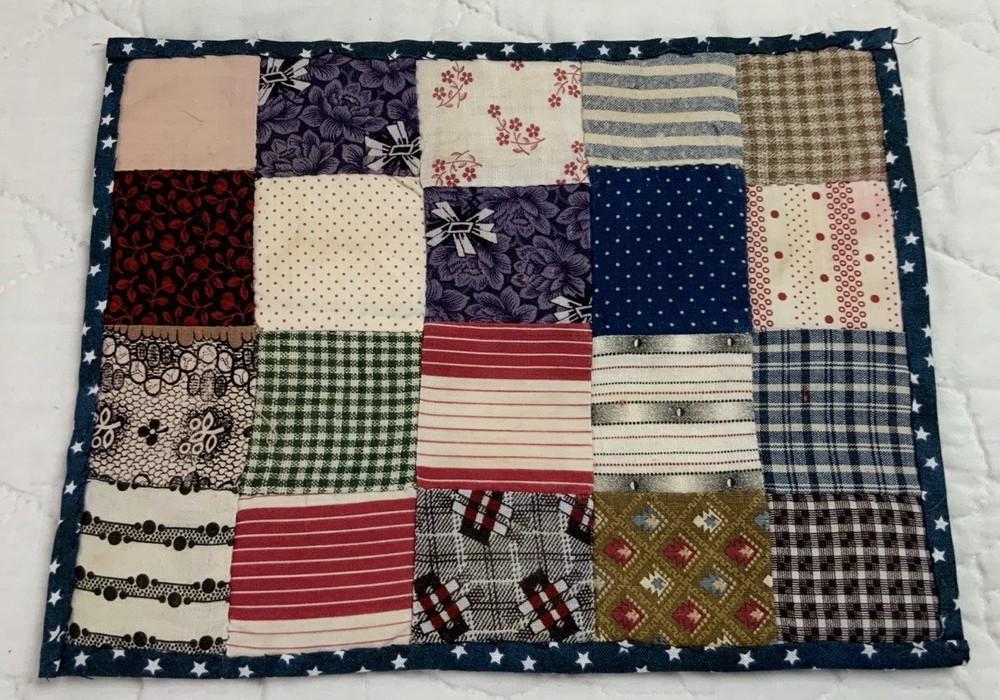 Antique Patchwork Quilt Table Topper, Rectangle, Four Patch, Early Calico Prints