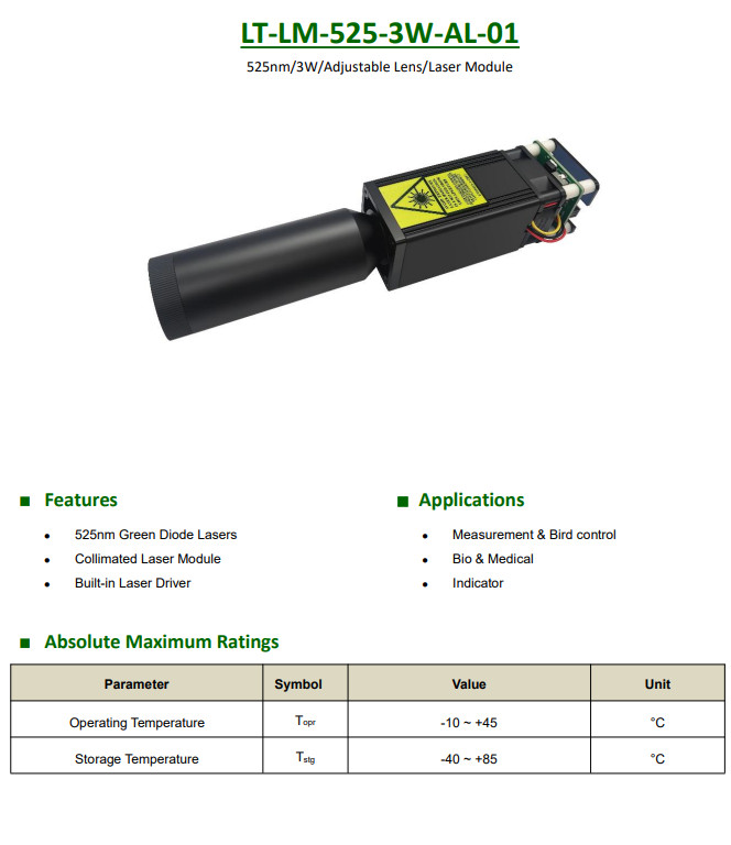 525nm 3W Adjustable Lens Collimated Laser Module