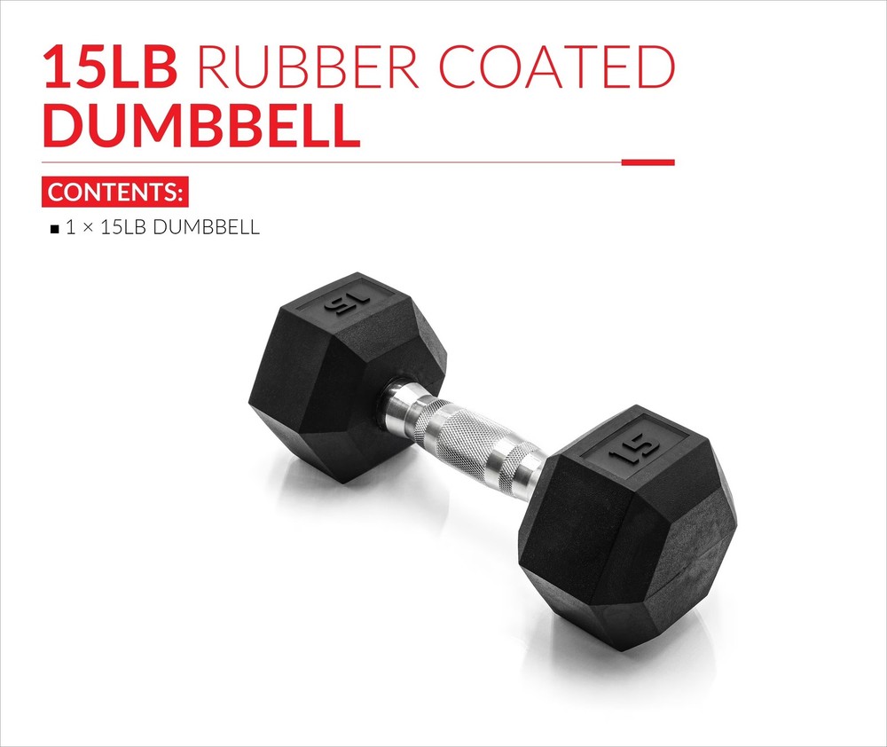Barbell, 15lb Rubber Hex Dumbbell, Single