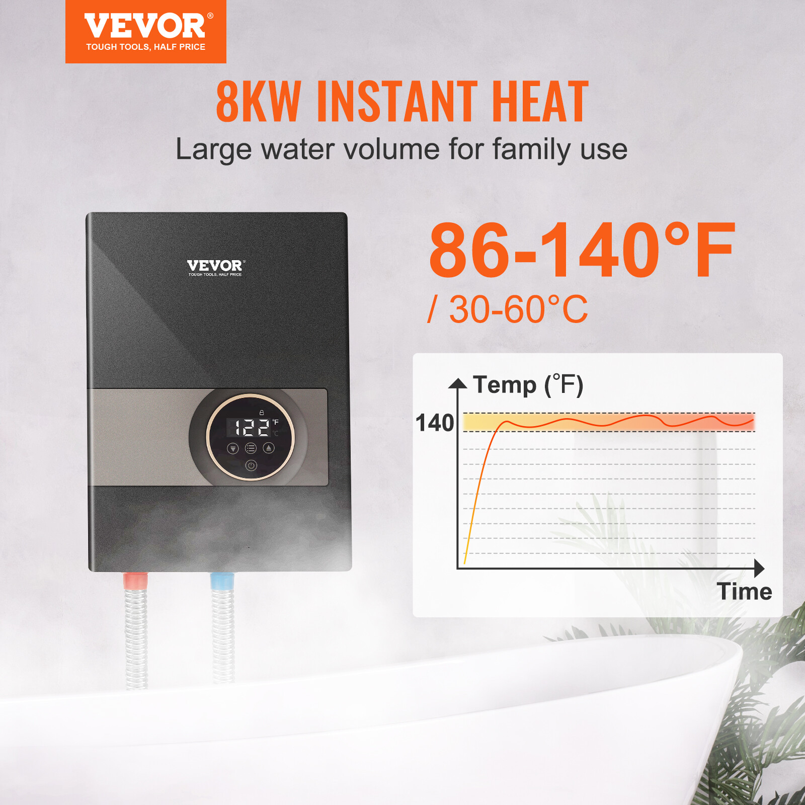 VEVOR 8KW Electric Tankless Hot Water Heater Instant Boiler Shower On Demand