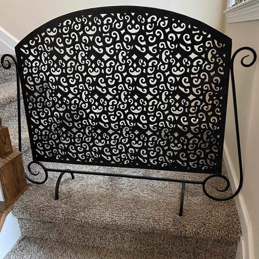 Gothic Arched Black Rustic Pierced Metal Single Panel Fireplace Screen