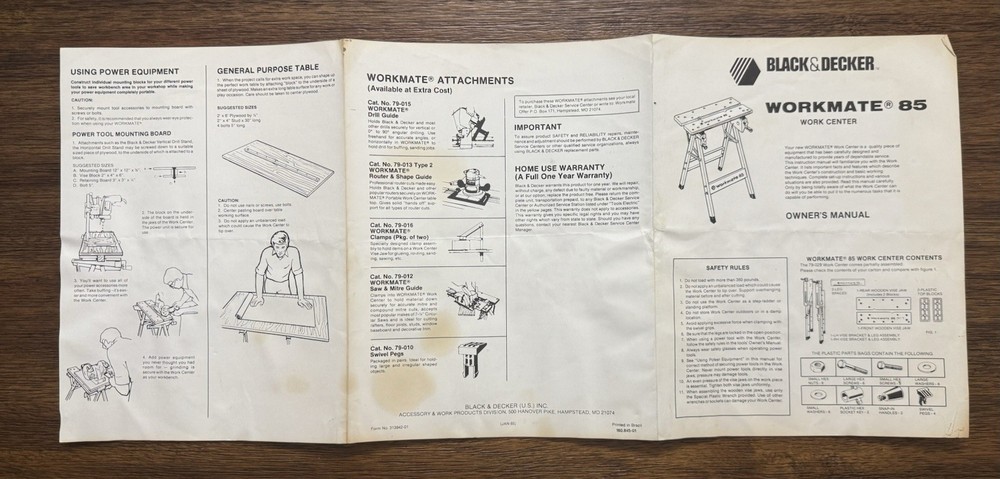 Black & Decker WORKMATE 85 Work Center Owners Operators Manual + Insert No Bench