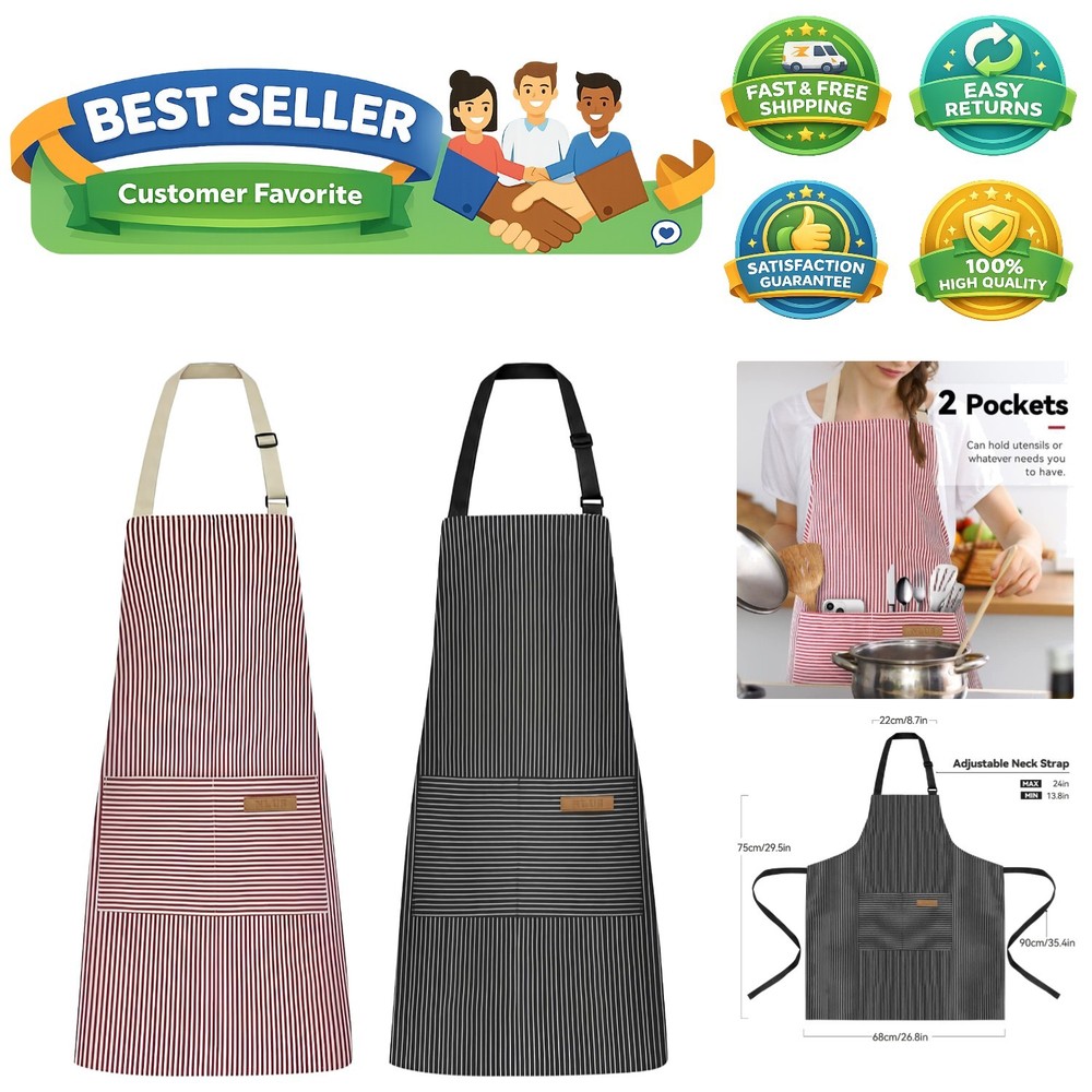 2 Pack Kitchen Cooking Aprons, Adjustable Bib Soft Chef Apron with 2 Pockets ...