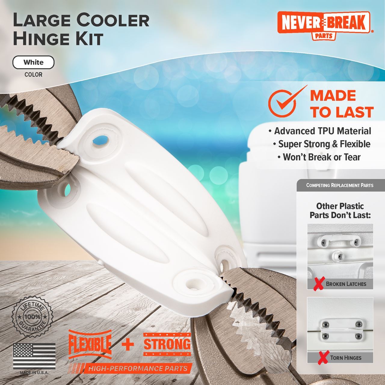 NeverBreak Parts - Igloo Cooler Hinges (white) - 3 Pk with screws