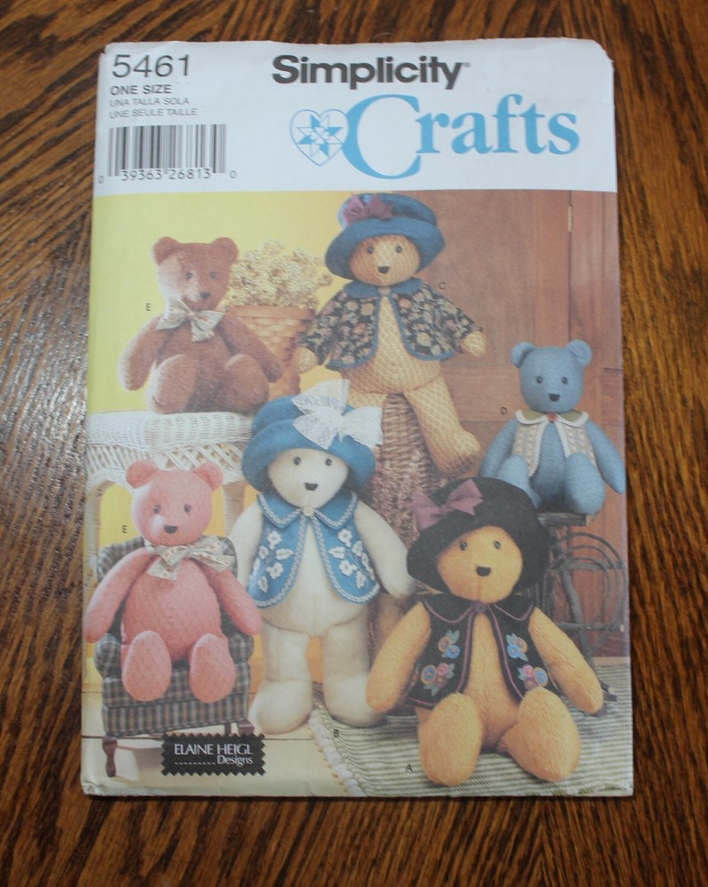 Simplicity 5461 Crafts Elaine Heigl Teddy Bear Pattern, UNCUT