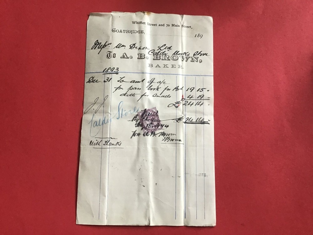 A. B. Brown Baker 1893 Coatbridge receipt R33516