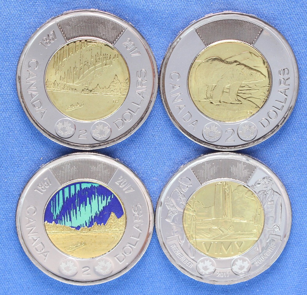 Canada 2017 Toonies - 4 - Classic, 150th Plain and Color, Vimy - Mint Rolls