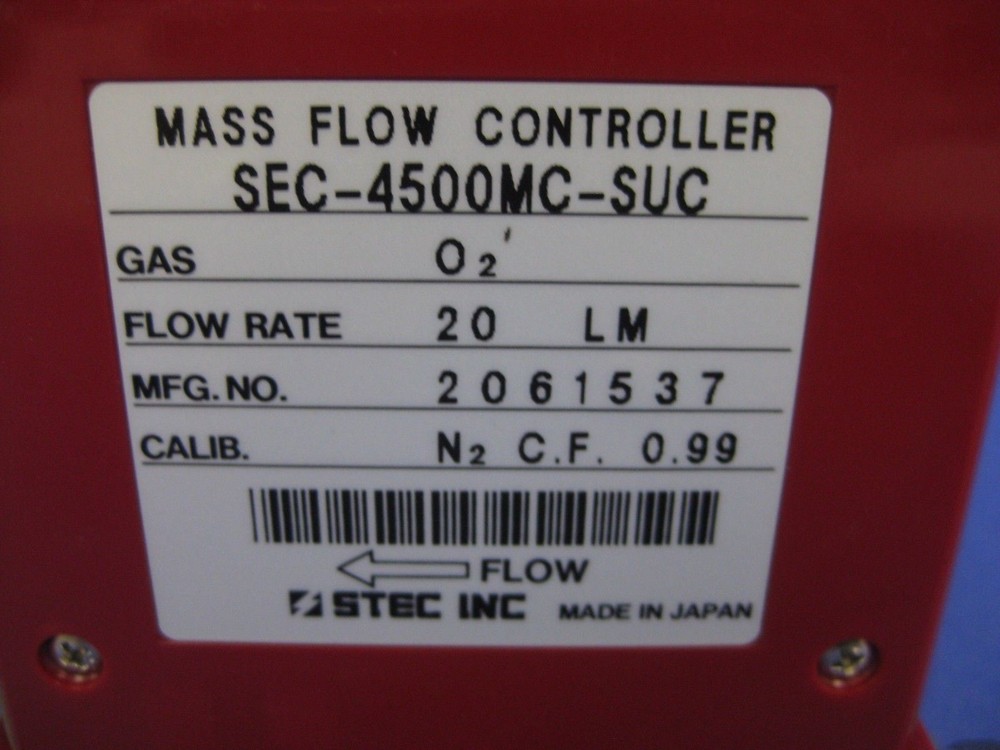 Stec SEC-4500MC-SUC Mass Flow Controller 20 SLM, O2, Used