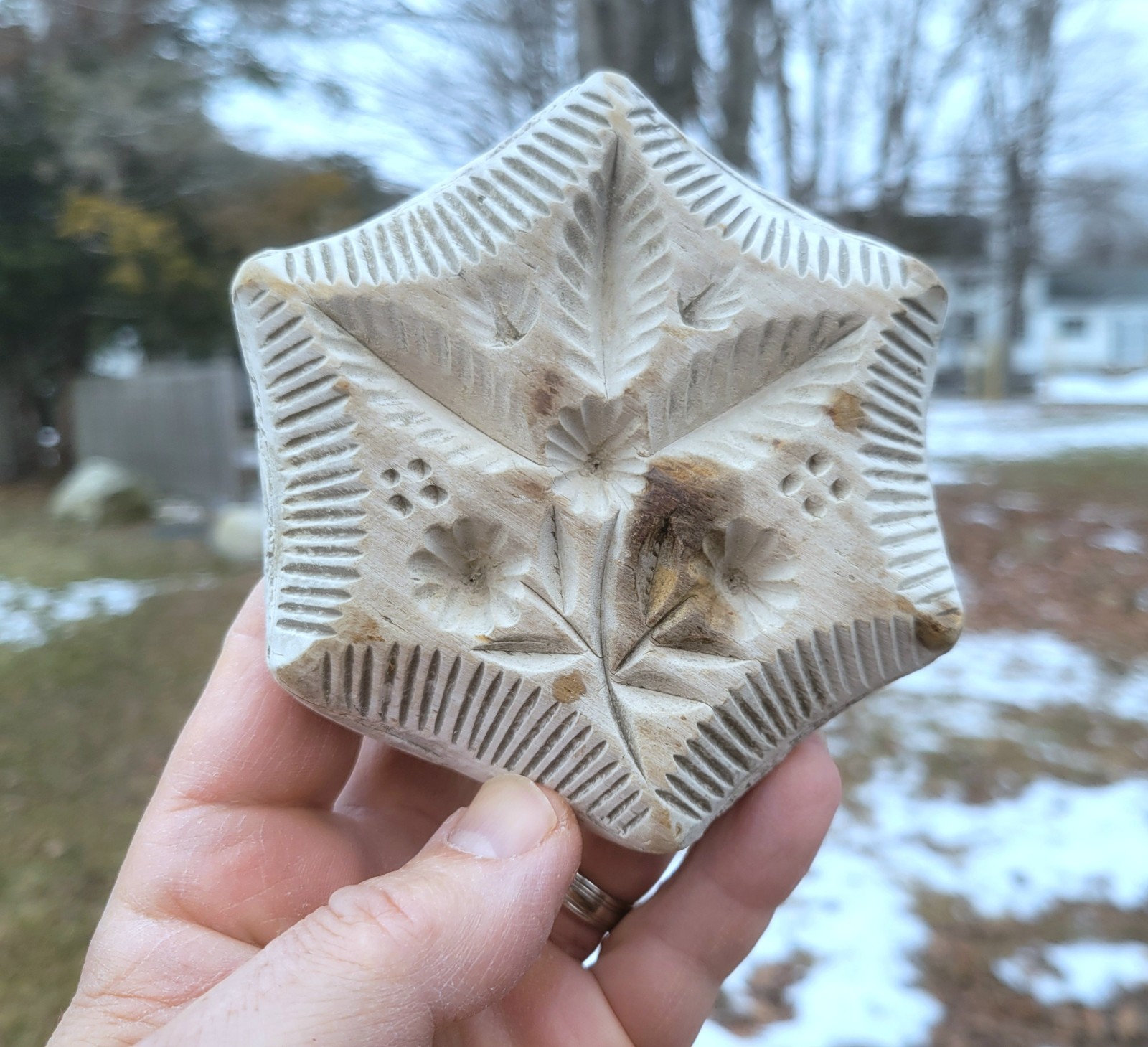 Antique 19thC Unusual Hexagon Butter Stamp Print Mold Primitive