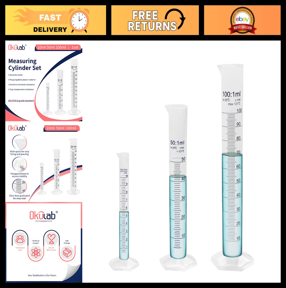 3 Pcs Graduated Cylinder Set - 10ml, 50ml, 100ml, Hexagonal Base, PP Material