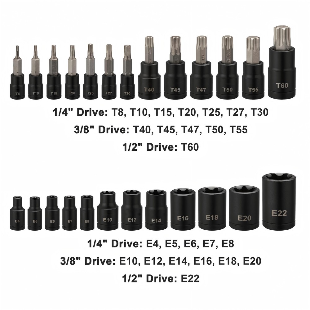25PCS Torx Bit Socket and External Socket Set T8- T60 & 12 Female E-Torx Sockets