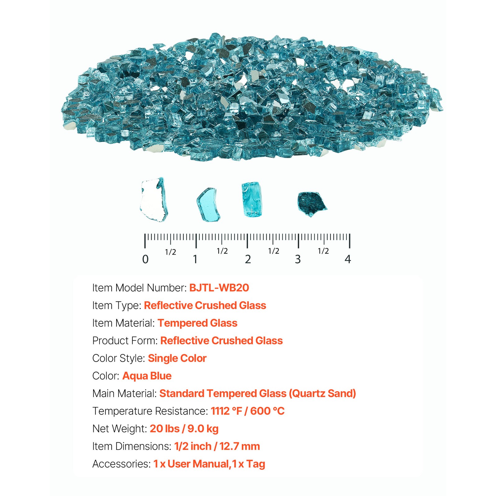 Uimoso 20 lbs Aqua Blue 1/2-Inch Glass Stones for Fire Pit or Fireplace
