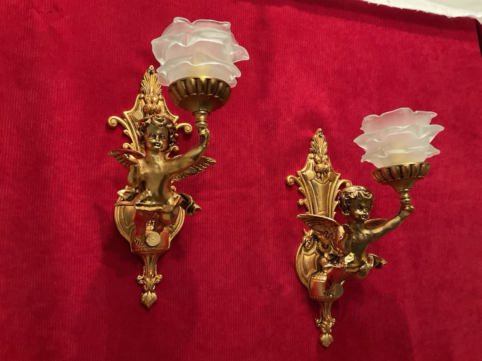 Pair Of Vintage French Putti Cherubs Winged angel Wall Lights Ormolu