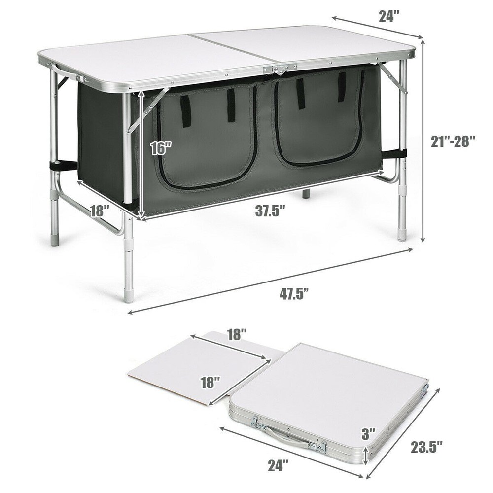 Folding Camping Table Aluminum Height Adjustable w/ Storage Organizer Grey