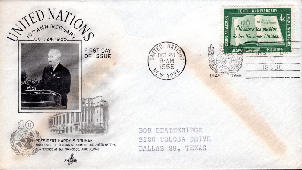 1955 UN ~ SC# 35-37 ~ 10th Anniversary Issues ~ FDC's ~ Art Craft Cachet