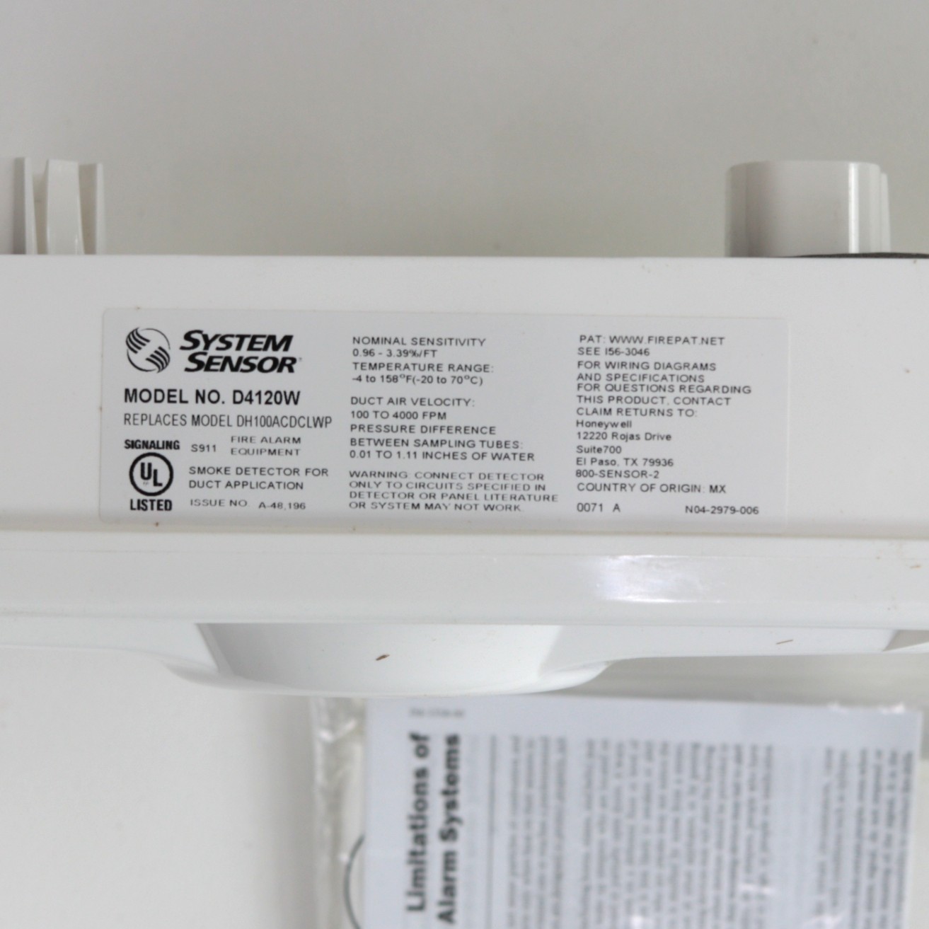 System Sensor D4120W 4-Wire Photoelectric Duct Smoke Detector Watertight