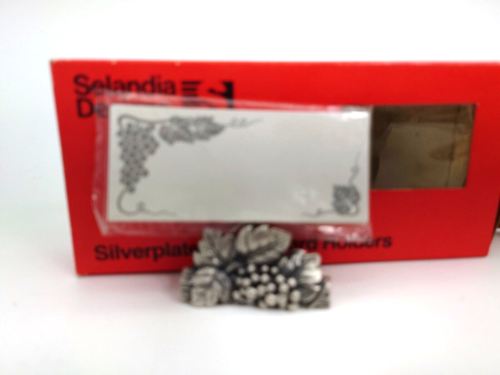 SELANDIA SILVERPLATED PLACE CARD HOLDERS - SET OF (4) - GRAPE & LEAF DESIGN 1983