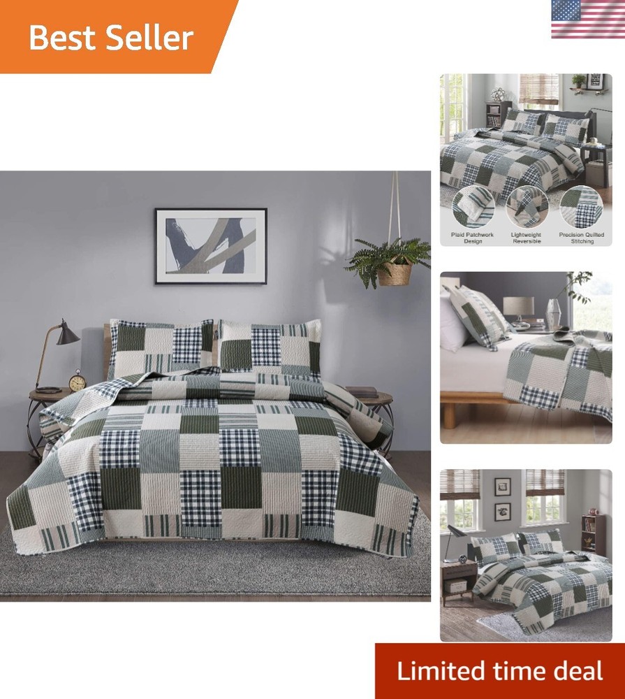 Durable Microfiber Queen Bedspread with Patchwork Design - Easy Care Bedding