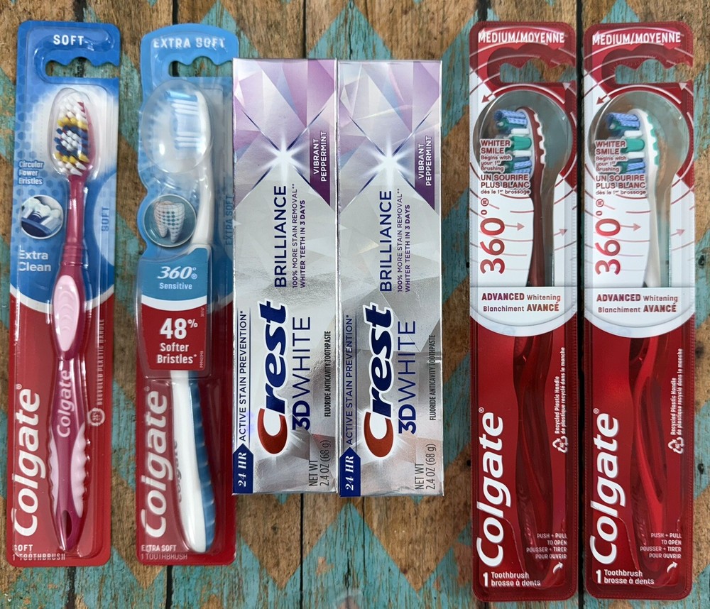2)Crest 3D WHITE Toothpaste Mint 6/27 +4)COLGATE 360 Toothbrushes Extra,Soft,Med
