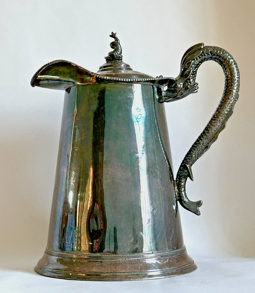 Antique Silverplate Simpsons Double Wall Water Pitcher by E. Guest 1854/Dragon