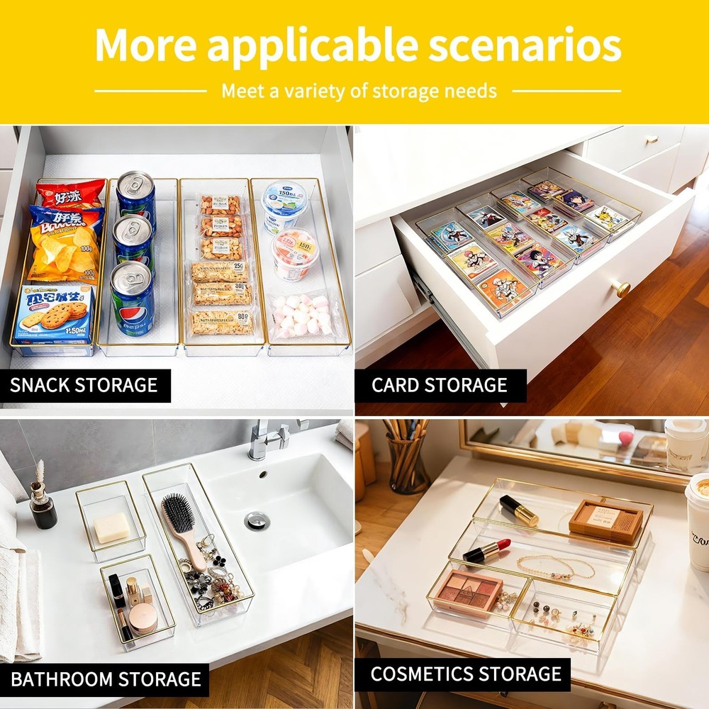 6 Pack Large Size Clear Stackable Drawer Organizer Trays, Gold Rim Makeup Dra...