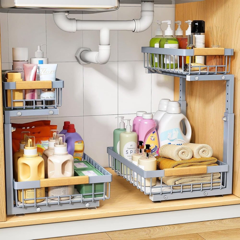 Under Sink Organizer Adjustable Height 2 Tier Pull Out Under Organizer Cabinet