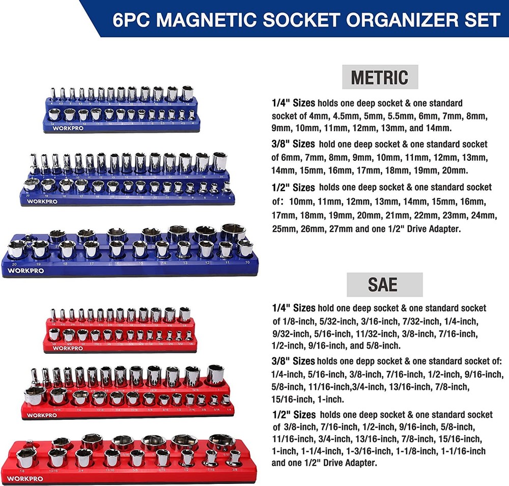 WORKPRO Magnetic Socket Organizer 6-PACK Set 1/4'' 3/8'' 1/2'' Dr Metric SAE