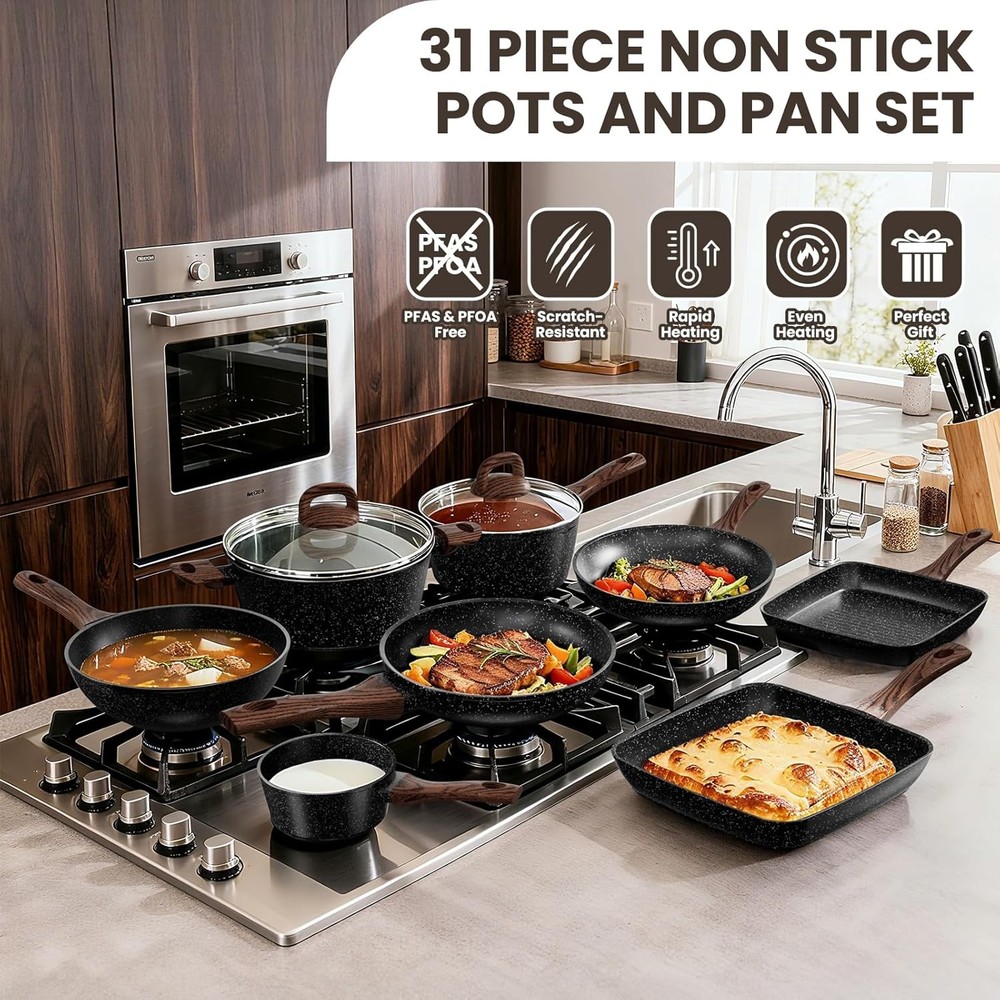 Pots & Pans Set Non Stick 31 Piece Kitchen Induction Cookware & Bakeware Set