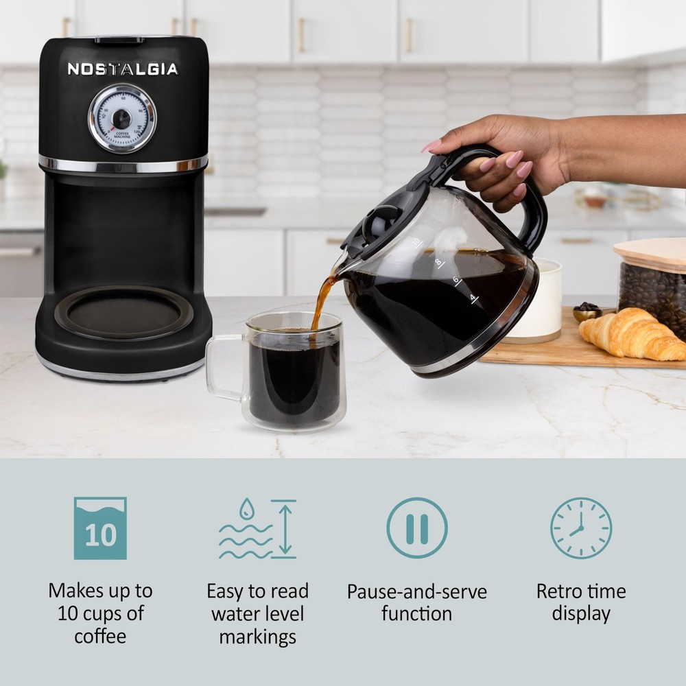 Nostalgia Classic Retro 10 Cup Coffee Maker - One-Touch Drip Brew, Black