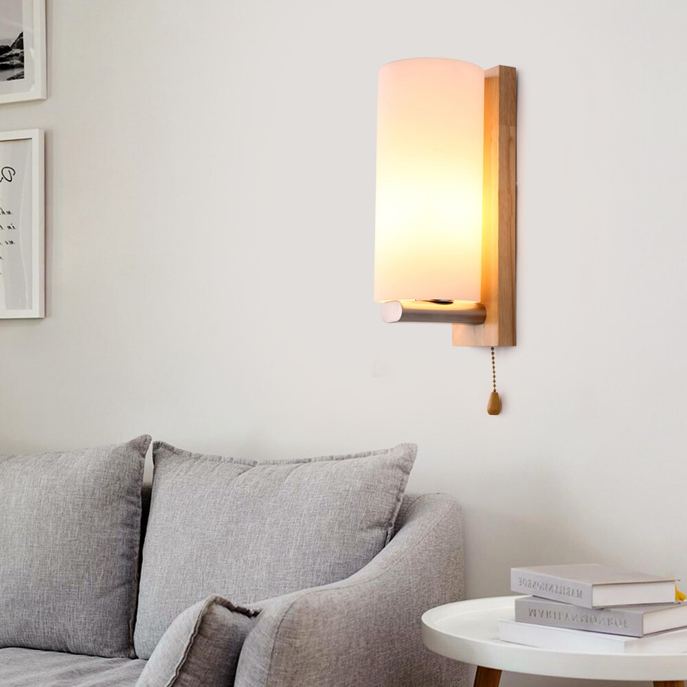 Modern White Wall Light Sconce Glass Shade Bedside Hallway Lamp With Pull Switch