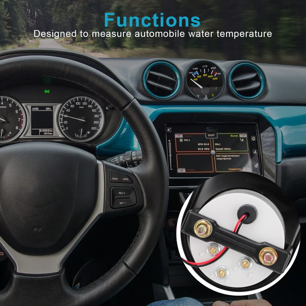 2" 52mm Pointer Car Water Temp Temperature Gauge 100-250℉ W/ Sensor Rack Black