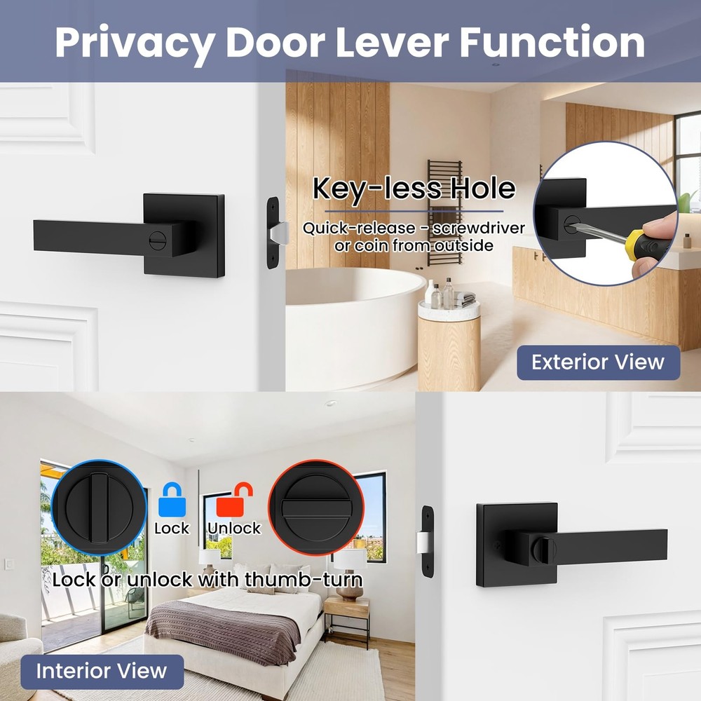 Estmoon 5 Pack Matte Black Door Handles Interior Door Knobs, Keyless Privacy ...