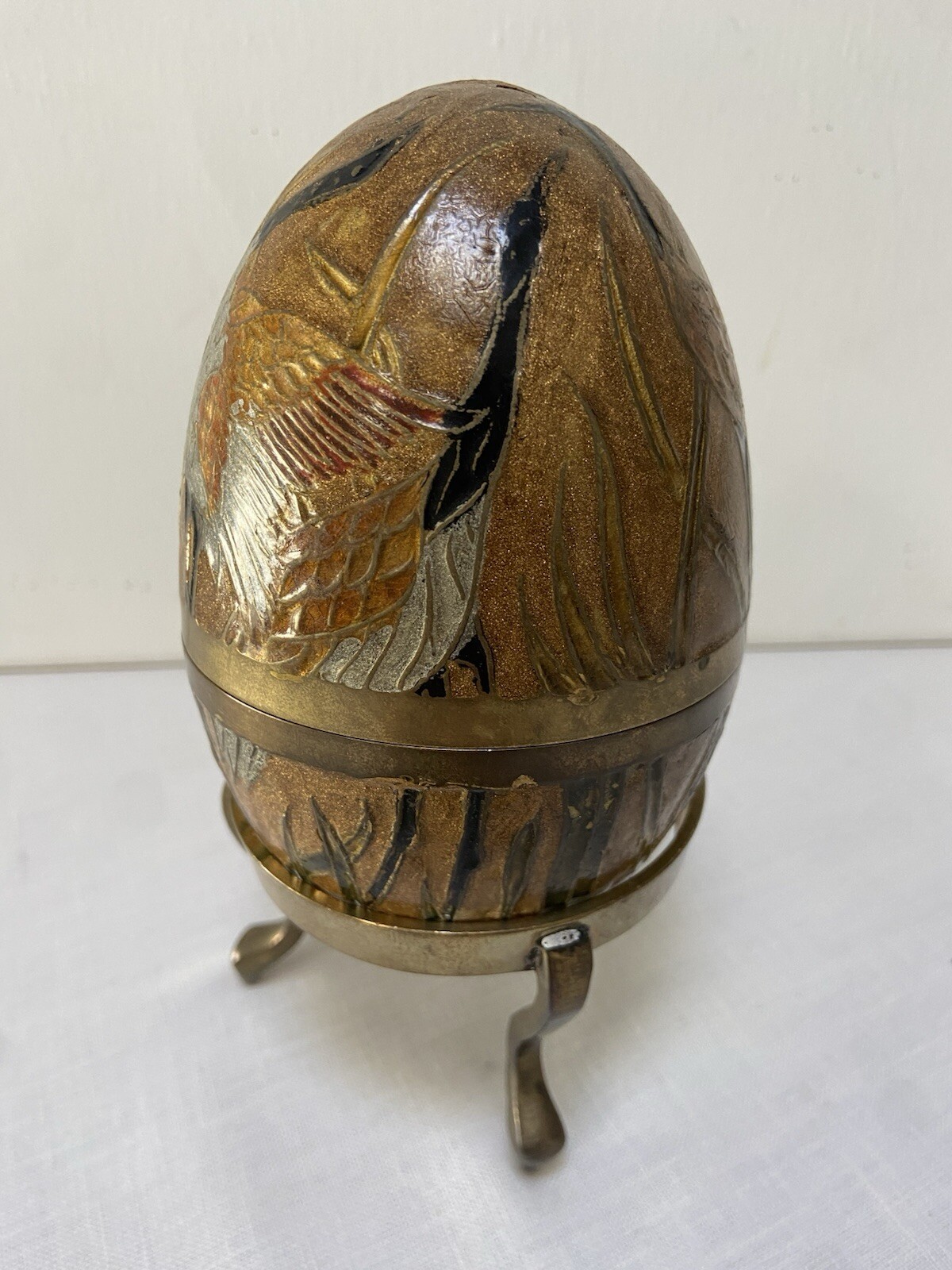 Solid Brass Egg & Stand Cloisonne Painted Trinket Box Ornate Enamel India Birds
