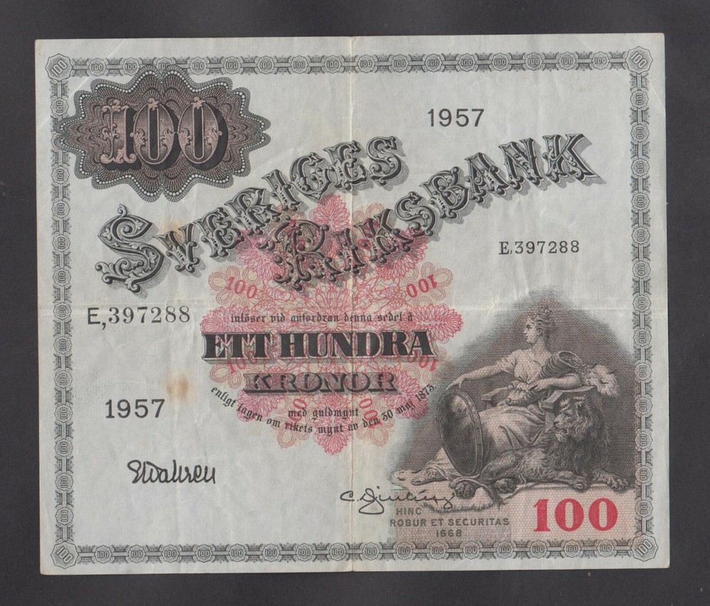 🔸SWEDEN  100 Kronor 1957  VF+  P44c  Serial prefix E🔸