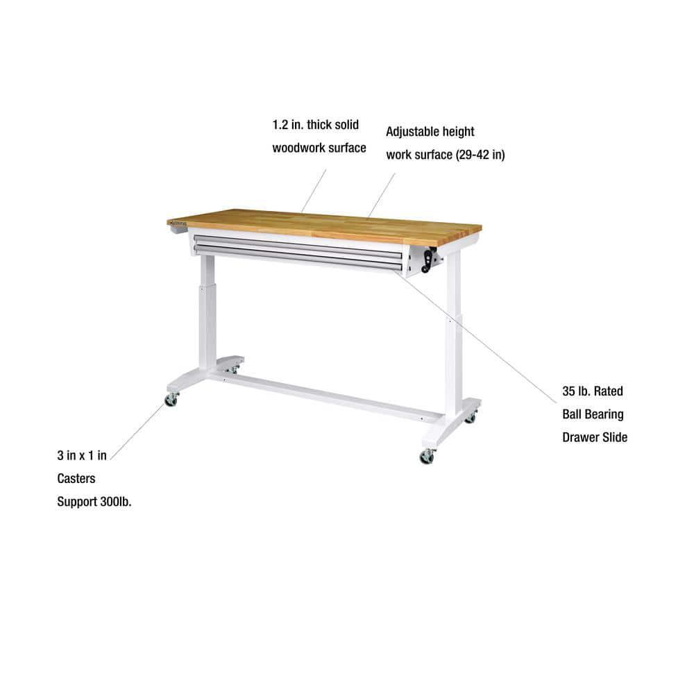 Husky Adjustable Height Workbench Table 52" Solid Wood Top 2-Drawer Steel Frame