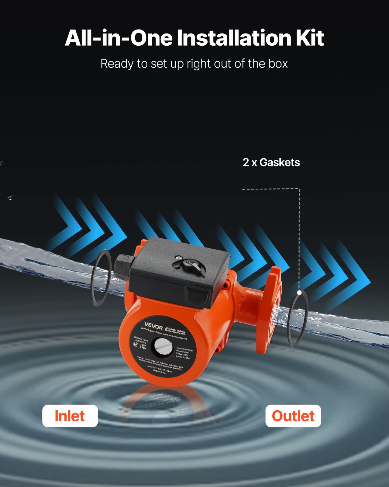 VEVOR 0011-BF4-J Cast Iron Circulator Pump Hot Water Circulation 1/3 HP 33 GPM