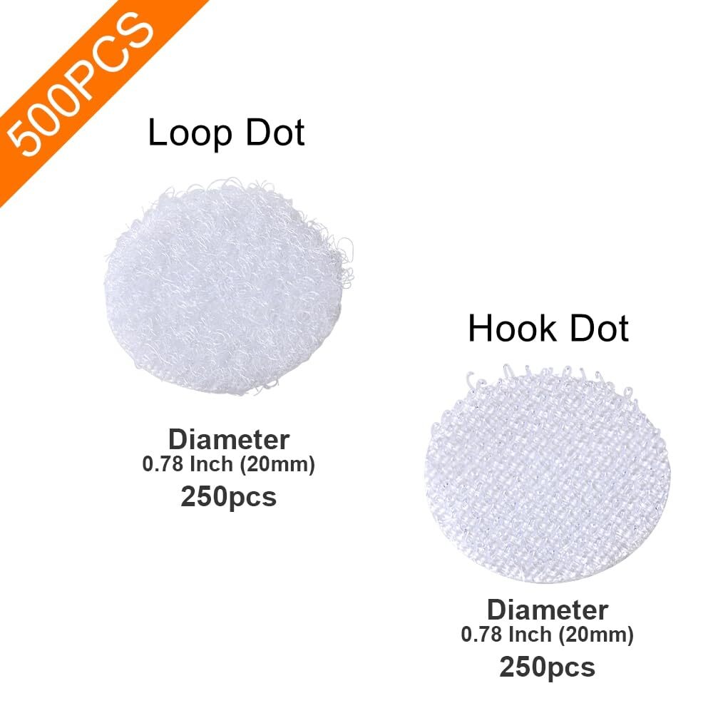 Self Adhesive Dots, 500Pcs (250 Pair Set) 0.78 Inch/ 20mm Diameter Hook and Loop