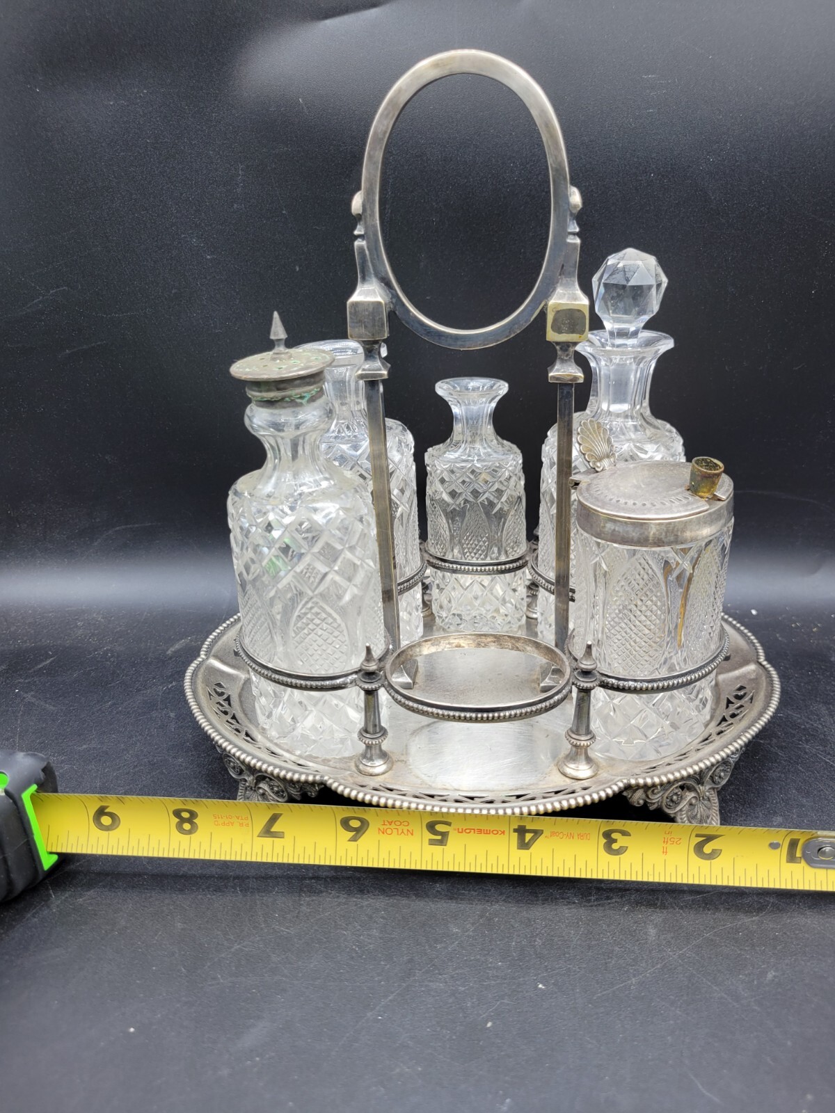 antique 1800's ornate cut crystal silver plate cruet condiment set caddy