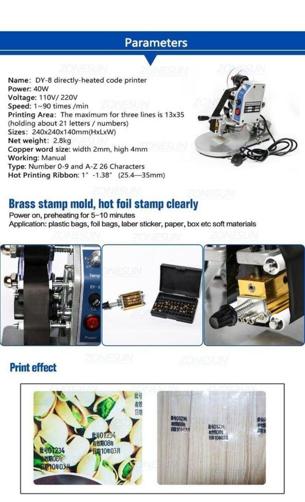DY-8 Ribbon Coding Machine Direct Heat Date Steel Stamping and Coding Machine
