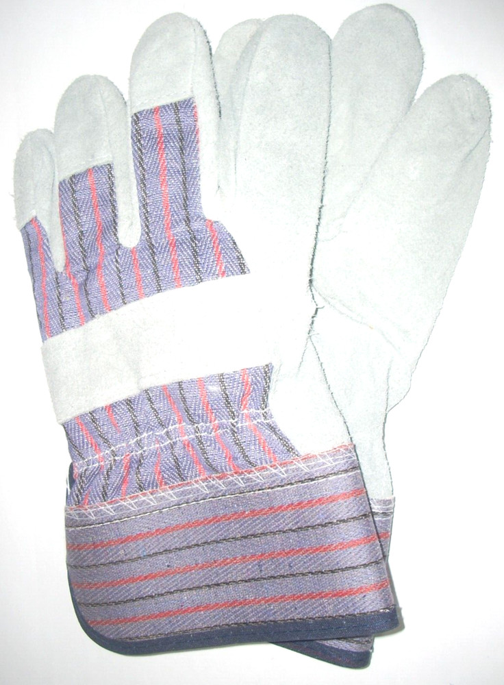 Leather Palm Work Gloves Canvas Knuckle Strap Back Gauntlet Cuff Size Large