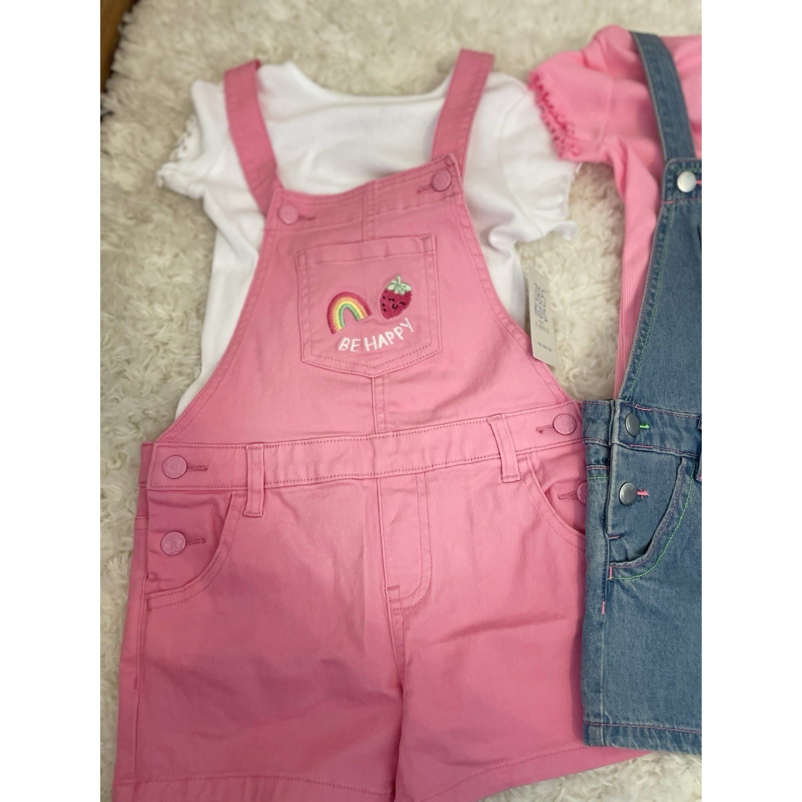 365 Kids Girls 2 Pack Pink and Blue Denim Overalls and T-shirt 5 Rainbow Heart