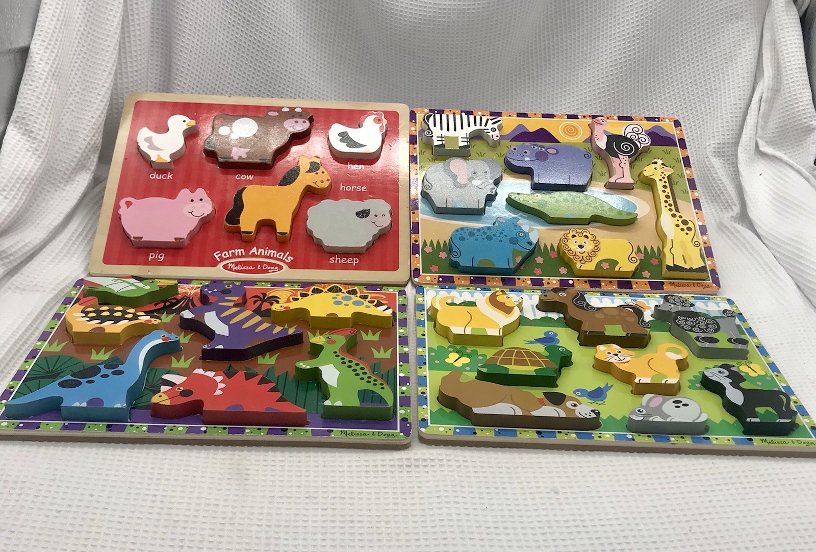 Wooden Chunky Peg Puzzle Lot 4 Melissa & Doug Zoo Farm Animals Pets Dinosaurs￼￼