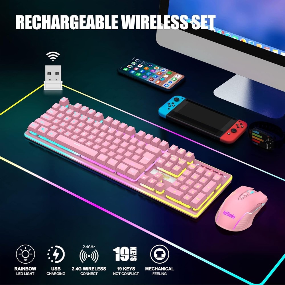 Durable Pink Wireless Gaming Keyboard Mouse Combo Anti-Ghosting