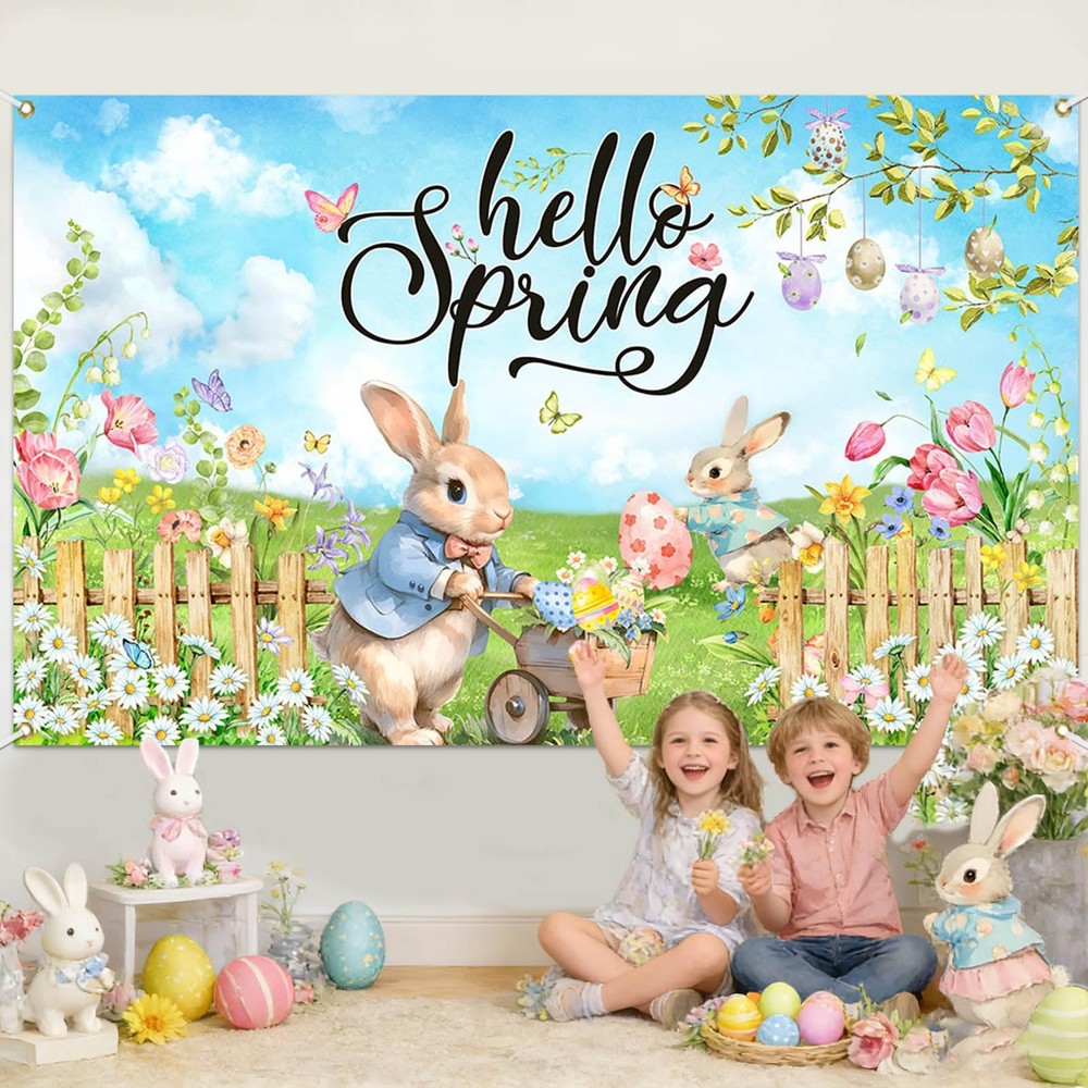 Hello Spring Backdrop Easter Party Banner Greenery Spring Festival Easter Pho...