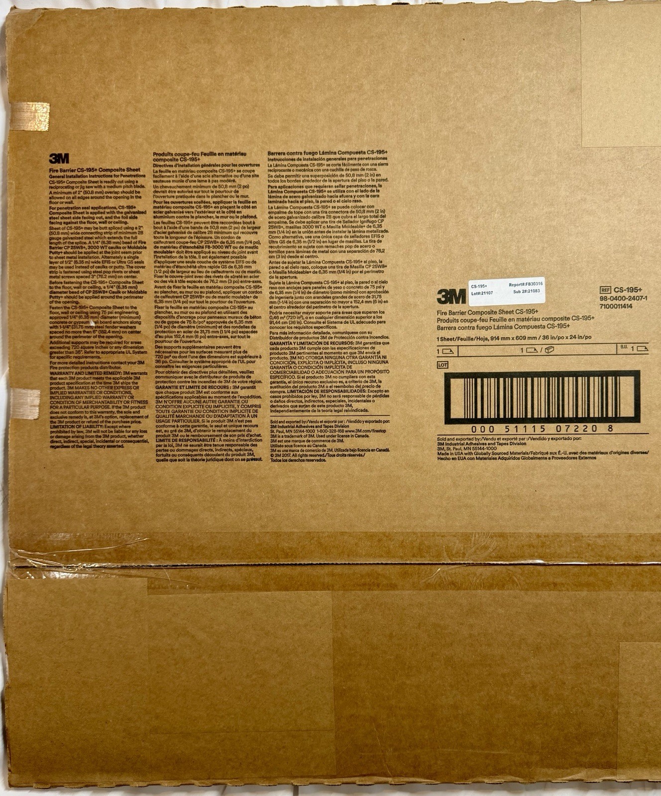 NEW 3M CS-195+ Fire Barrier Composite Sheet 36” X 24” #7100011414 - SHIPS FREE!!